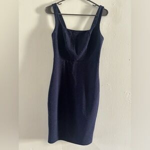 AQUA midi cocktail dress in navy blue color with glitter